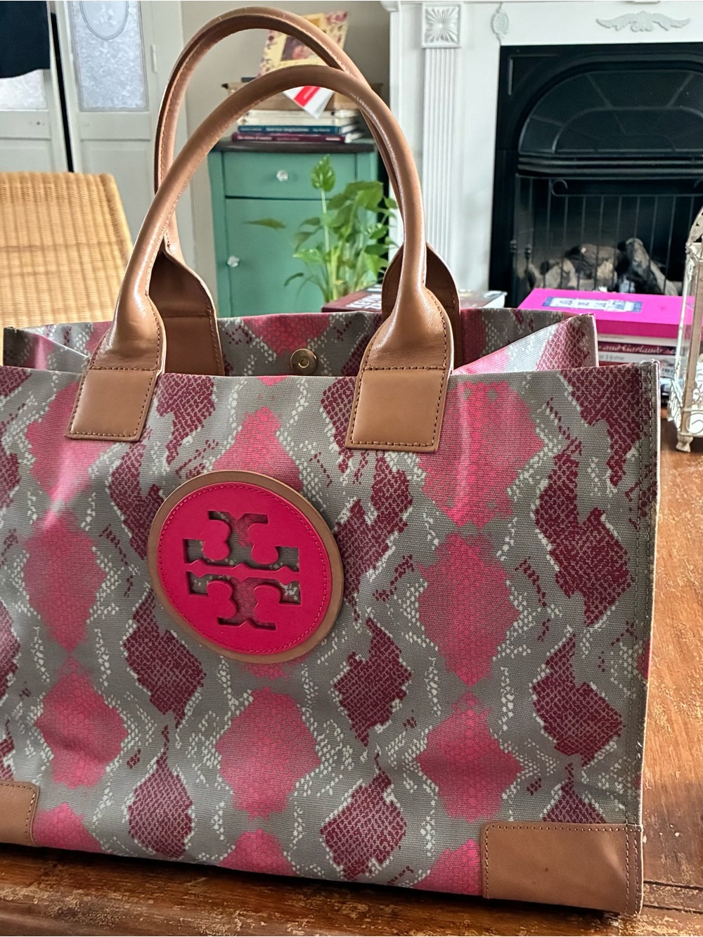 Tory Burch Pink and Gray Snake-Print Canvas Tote with Tan Trim